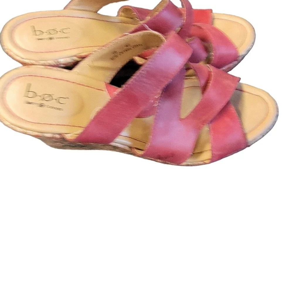 Born BOC‎ Wedge Sandals Women's 10 Red Leather Floral Platform Slip On Comfort